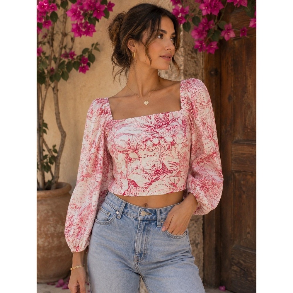 Express Floral Print Smocked Crop Top Puff Sleeve Square Neck Medium M